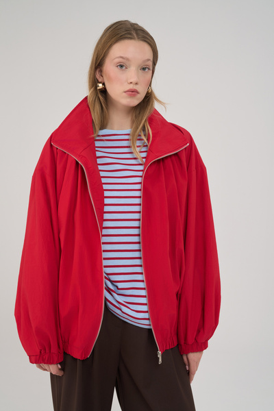 MAI STUDIOS CO. Azel Zippered Oversize Red Bomber Jacket