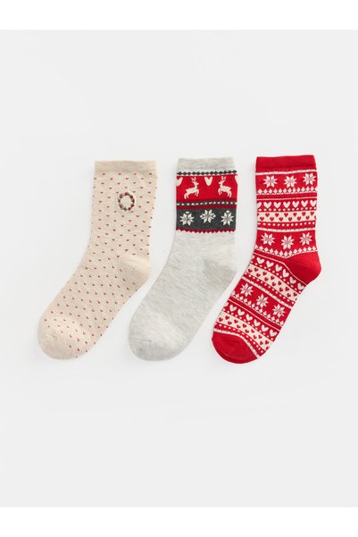 LC Waikiki Nevavm Farkıyla Lcw Dream Beige Patterned 3-Pack Women's Socks