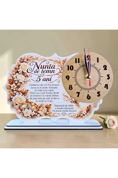 OEM Cadou Aniversare 5 Ani Căsătorie – Ceas de Birou „Nunta de Lemn”, 28x19 cm