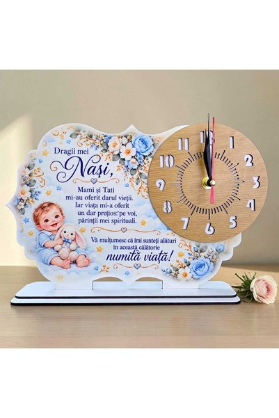 OEM Cadou pentru Nașii de Botez – Ceas de Birou de la Finuț, Bleu, 28x19 cm