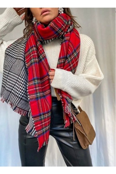 AychaAksesuar Double-Sided Plaid Scottish Pattern Shoulder Shawl