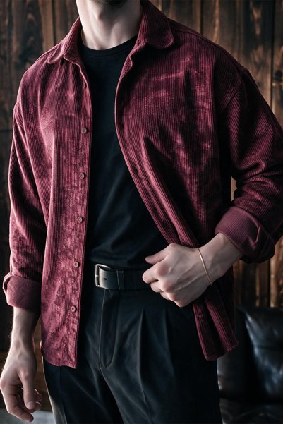 MENOFOURSWEAR Maren Erkek Premium Kalite Oversize Kadife Uzun Kollu Gömlek Ce...