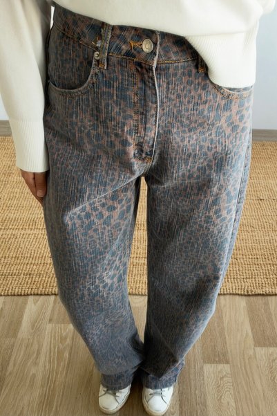 butikhola Coffee Leopard Patterned Jeans