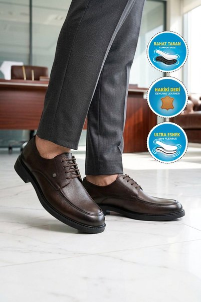 Aspor Brown Genuine Leather Lace-Up Men's Classic Shoes with Rubber Non-Slip ...