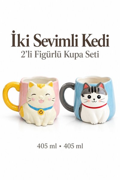 Rosie Pembe ve Mavi Kedi Figürlü 2’li Kupa Seti 405 ml