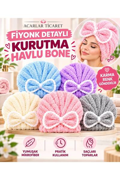 Acarlar Ticaret Peluş Uzun Mikrofiber Saç Kurutma Havlu Bone Yüksek Emici Yum...
