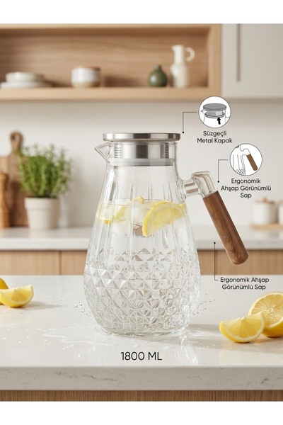 SELÇUK Lüks Cam Sürahi 1800 ml - Ahşap Saplı & Süzgeçli Metal Kapaklı Lüks Ca...