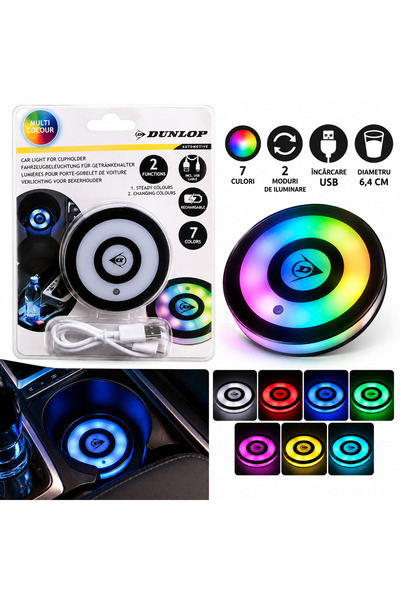 Generic Brand Lampă LED auto DUNLOP – Iluminare RGB pentru suportul de pahare...