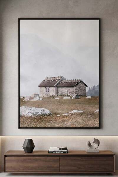 Jasmine Art Misty Stone Cottage Architecture Wall Art | Portrait Framed Canva...