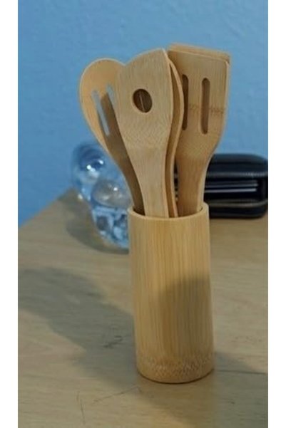 Generic Organic Bamboo Wooden Cooking Utensils Set with Holder – 5-Piece Nons...