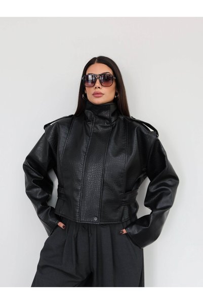 ESRAHELVACI Epaulet stand collar leather jacket