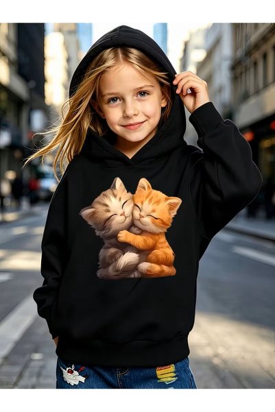 Kızlar İçin Sevimli Gözlerini Kapatmış Sarılan Kedi Desenli Moda Kapüşonlu Sweatshirt, Günlük ve Rahat Hoodie