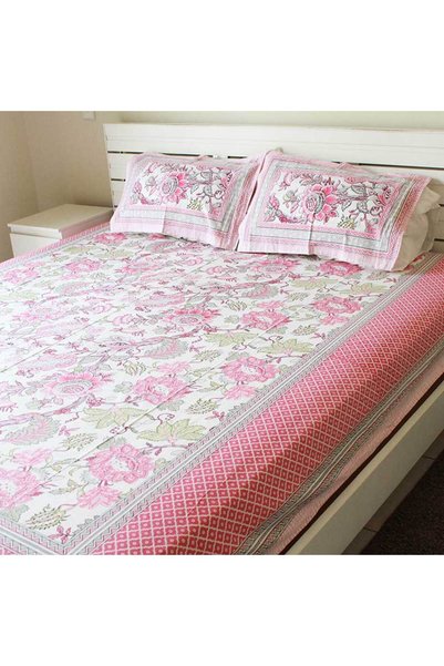 Ecotattva Bedsheet and 2 Pillow Covers - Pink flower print
