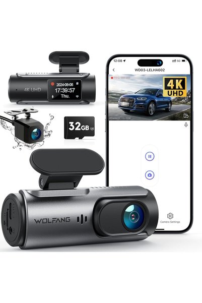 WOLFANG كاميرا لوحة القيادة 4K أمامية وخلفية مع واي فاي، كاميرا سيارة مزدوجة ...