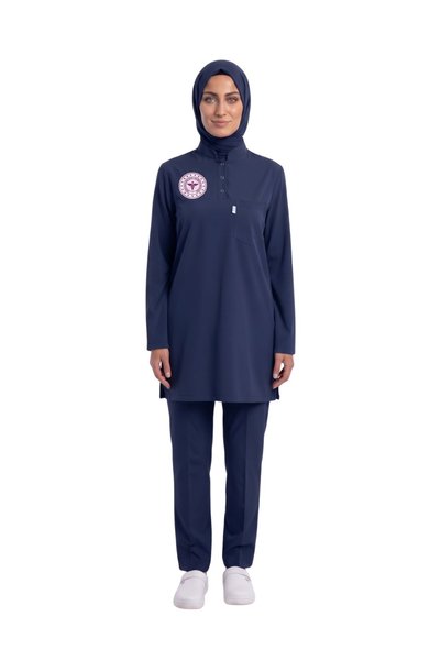 nutrix uniforma Lacivert Logolu Hemşire Forması Tesettür Takım Likralı Scrubs...