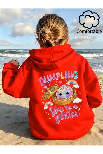 Kız Çocuk Kapüşonlu Sweatshirt, Sevimli Yemek Temalı Sweatshirt, Xiaolongbao Gökkuşağı Baskı Deseni, Çocuklar İçin Şık ve Trend Üst, Tatil Hediyesi