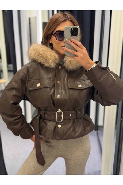 Demhana Boutique Geaca din piele ecologica cu blană