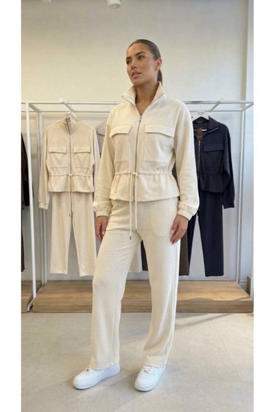 casa di sole Pocketed Drawstring Waist Zippered Tracksuit Set - Cream