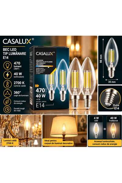 casalux Bec LED Tip Lumânare – E14, 4W, 470 Lumeni, Lumină Caldă 2700K