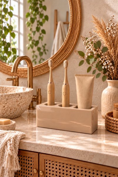 Zigzag Home Dekoratif Kahverengi Diş Fırçalık Modern Elektronik Diş Macunluk Ve Diş Fırçalık Organizer