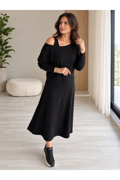 Valeria Butik طقم نسائي مكون من بلوزة مكشوفة الكتف وفستان فيسكوز بفتحة وحزام