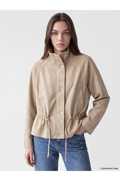LC Waikiki Özmarka New Season Beige Gathered Suede Look Women's Jacket
