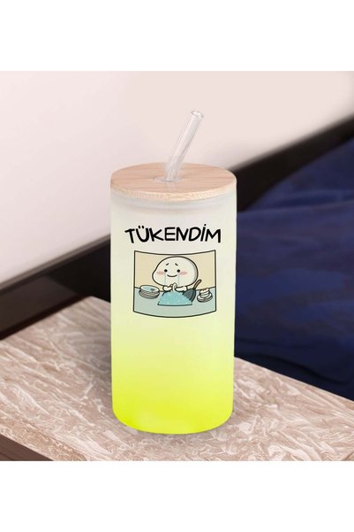 Bk Gift Humorous Design Yellow Color Frosted Glass Cup with Straw 600ml - 6, ...