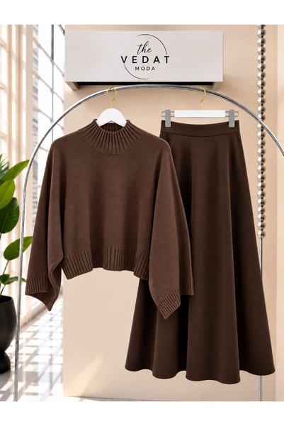 MODA VEDAT Γυναικεία Oversize Πλεκτή Μπλούζα - Σετ με Φούστα Puff Scuba -0500...