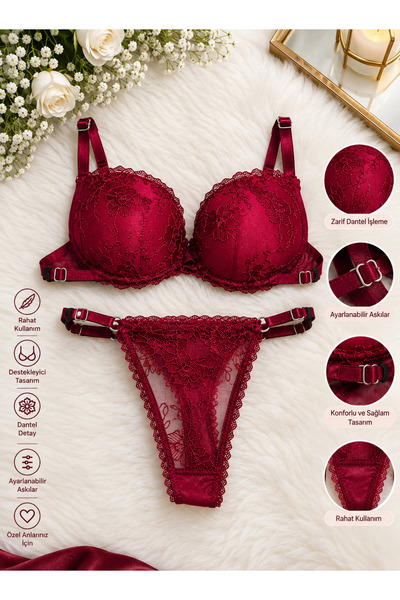 Kadın Bordo Çiçek Desenli Destekli Push Up Sütyen Külot Takımı