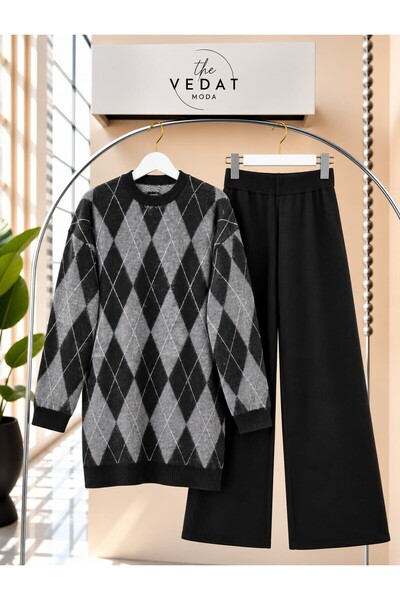 MODA VEDAT Women's Diamond Patterned Knitwear Trouser Set -0500 Black