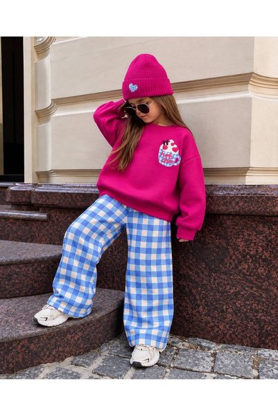 buzy kids concept Koyu Pembe Hot Choc Baskılı-Mavi Beyaz Damalı Alt Kız Çocuk...