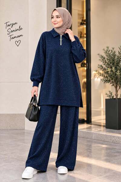 PEKA Sim Partiiltli Hijab Double Set Zipper Collar Tunic and Wide Leg Pants W...