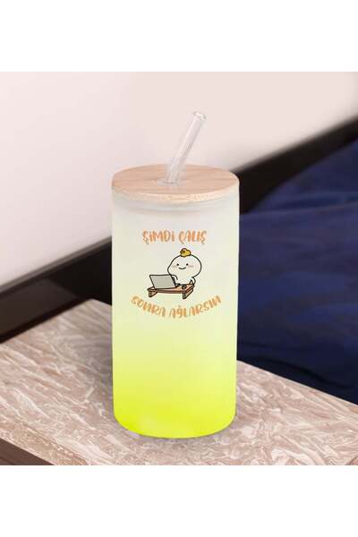 Bk Gift Humorous Design Yellow Color Frosted Glass Cup with Straw 600ml - 5, ...