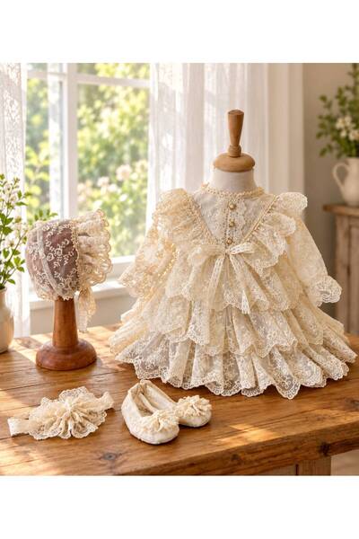 Asrın Tasarım Atölyesi Cotton Lace Vera Dress Set with Gold Button Details