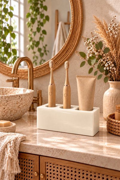 Zigzag Home Dekoratif Bej Renk Diş Fırçalık Modern Elektronik Diş Macunluk Ve Diş Fırçalık Organizer
