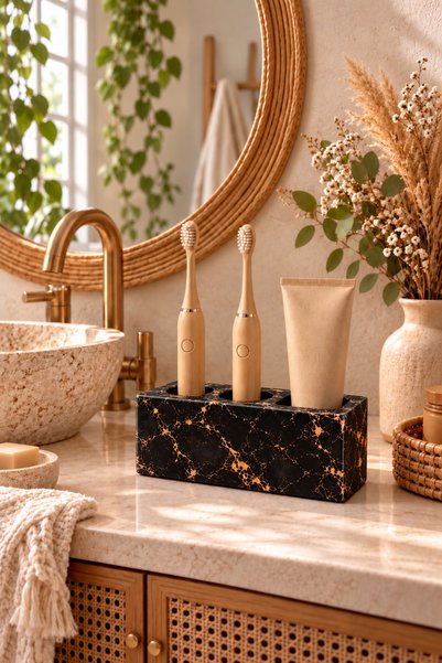 Zigzag Home Dekoratif Siyah Gold Mermer Desen Diş Fırçalık Modern Elektronik Diş Macunluk Ve Diş Fırçalık Organizer
