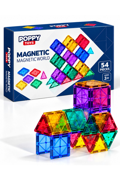 POPPYTOYS Manyetik Yapı Blokları Magnetic World 54 parça 2 Araç Setli