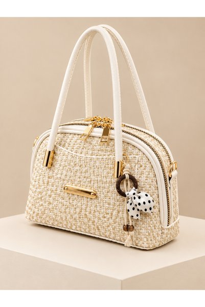 Feelidoo Women's Straw Look Zippered Hand and Shoulder Bag with Charm Detail