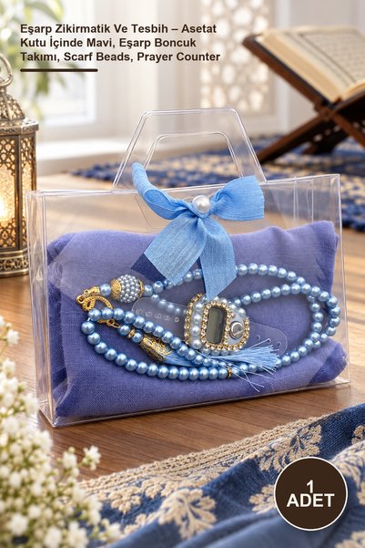 Yenilig 1 Piece of Zikirmatik Scarf and Prayer Beads – Blue in Acetate Box, S...
