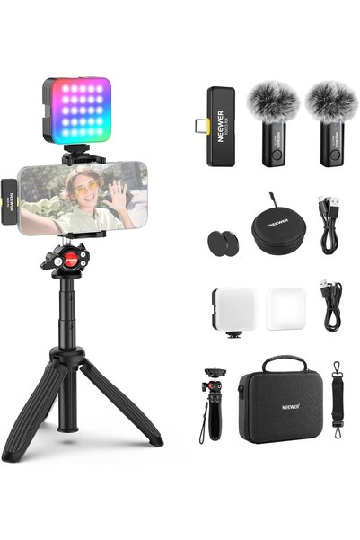 NEEWER طقم تصوير فيديو للهواتف مع إضاءة LED RGB/نظام ميكروفون لاسلكي/عصا سيلف...