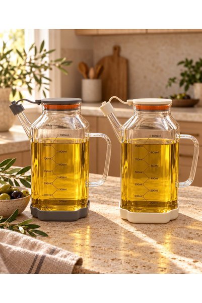 Ulus Home 2'li Set 1000 ml Ölçekli Cam Yağdanlık Kapaklı Kulplu Zeytinyağlık ...