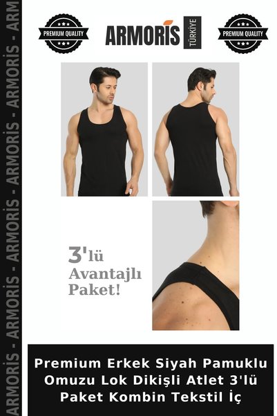 Armoris قميص داخلي رجالي فاخر من القطن الأسود مع خياطة على الكتف، عبوة من 3 ق...