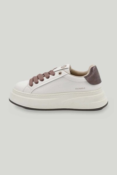 GOLD&GOLD Sneakers damă albi din piele cu platformă și călcâi bronz