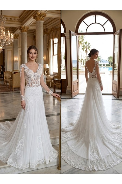 JABO WEDDİNG HOUSE GELİNLİK 36 BEDEN DANTEL TAŞ DETAYLI UZUN KOLLU İÇİ YARIM ...