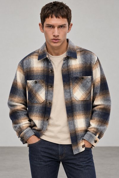 Manche Navy Blue Double Pocket Regular Fit Plaid Men's Shirt |   Mew1211791-1