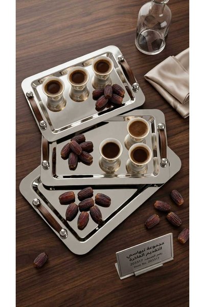 Generic Brand مجموعة صواني التقديم الأنيقة - ستانلس ستيل بمقابض جلدية - 3 قطع