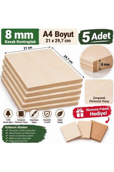 8 mm Kavak Kontraplak A4 Boyut 21x29,7 cm 5 Adet – Zımparalı Pürüzsüz Yüzey – Ahşap Boyama, Hat Sanatı, Hobi ve Dekoratif Plaka – Numune Paketi Hediye