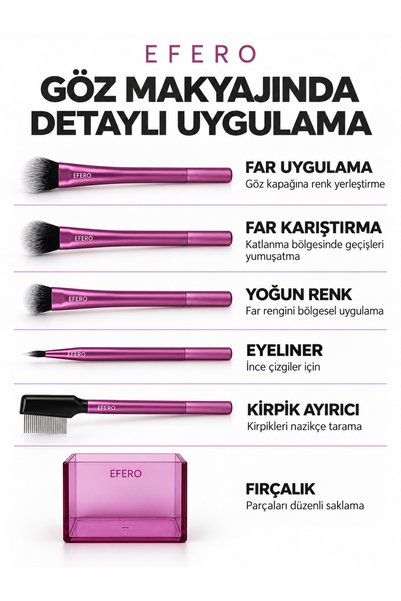 efero 6 Parça Göz Makyaj Seti – Far ve Eyeliner Fırçaları, Kirpik Ayırıcı ve Fırça Kutusu, Mor