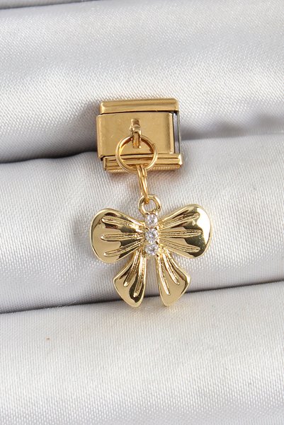 kumkumticaret 316L Steel Dangle Zircon Stone Bow Model Gold Color Nomination ...