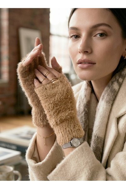 STELLA VESTİNO Soft Plush Fingerless - Cut-Out Winter Knitted Gloves